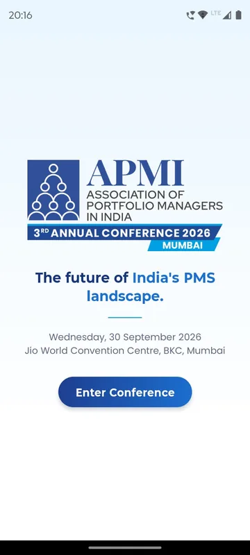 Association conference splash with the logo, the tagline about the future of the portfolio management landscape, the date and venue and an Enter Conference button