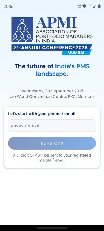 Login card asking for a phone or email with a Send OTP button and a note that a five digit code will be sent