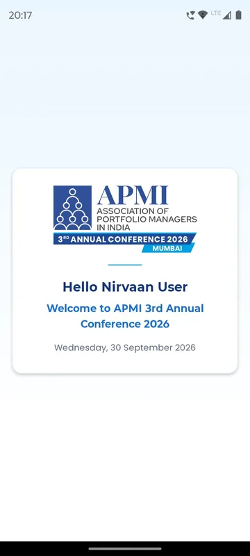 First-time welcome card with the conference logo greeting the delegate and naming the conference date