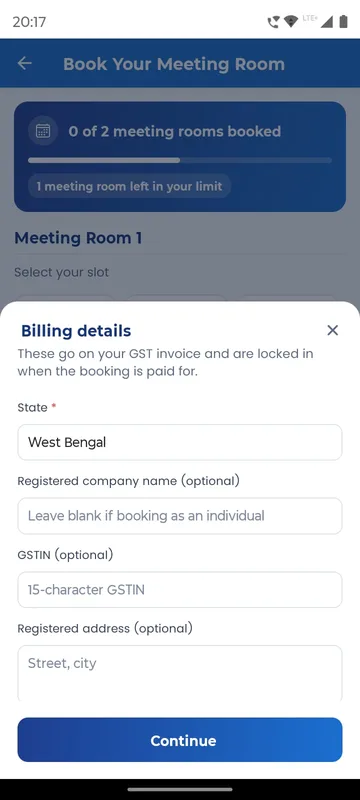 Billing details sheet for the GST invoice with a required State field and optional company name, GSTIN and address fields above a Continue button