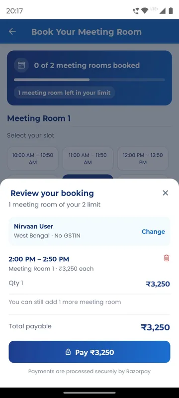 Review your booking sheet with one selected slot, a quantity, a total payable, a Pay button and a note that payments are processed securely by a payment gateway