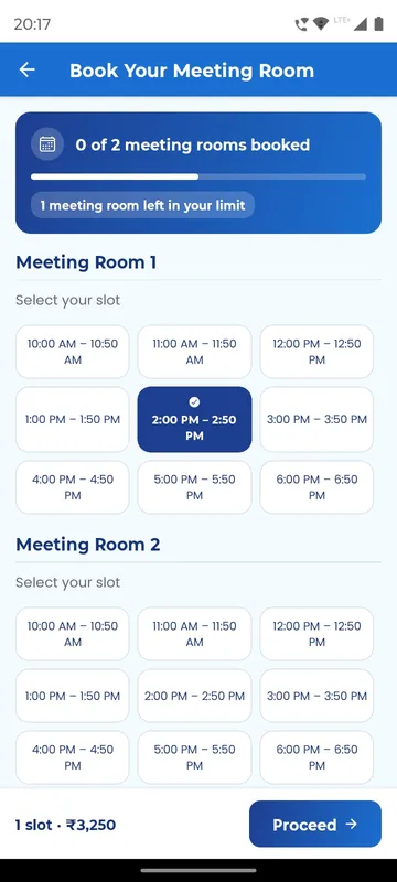 Book Your Meeting Room page with a booked count progress card and hourly slot grids for two rooms with one slot selected and a Proceed button