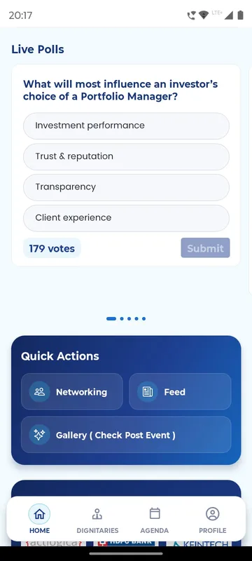 Live poll asking what most influences an investor's choice of portfolio manager, four options, a 179 votes count and Submit, above Quick Actions for Networking, Feed and Gallery