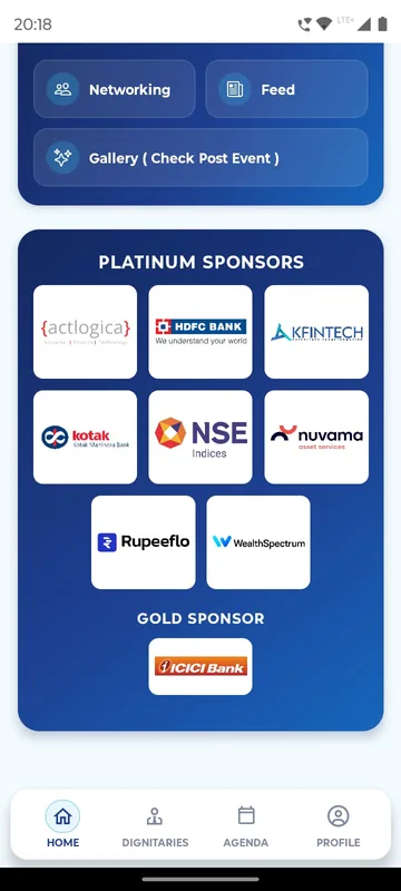 Sponsor panel with nine platinum sponsor logo tiles from financial firms and one gold sponsor tile on a blue background