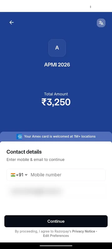Payment gateway step showing the total amount with mobile and email contact fields, the email blurred, and a Continue button