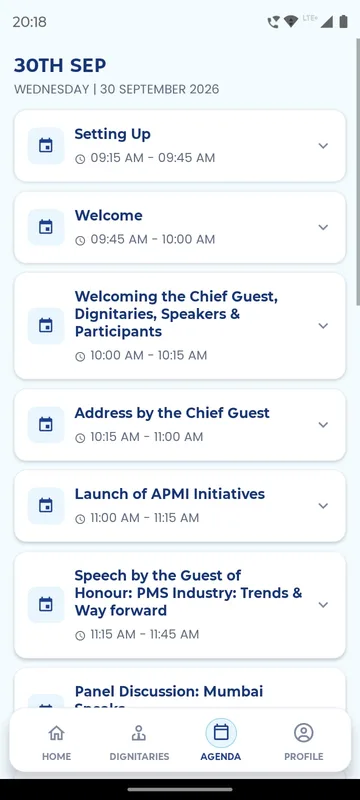Agenda for 30 September with expandable session cards from setting up and welcome to the chief guest address, the launch of association initiatives and a guest of honour speech