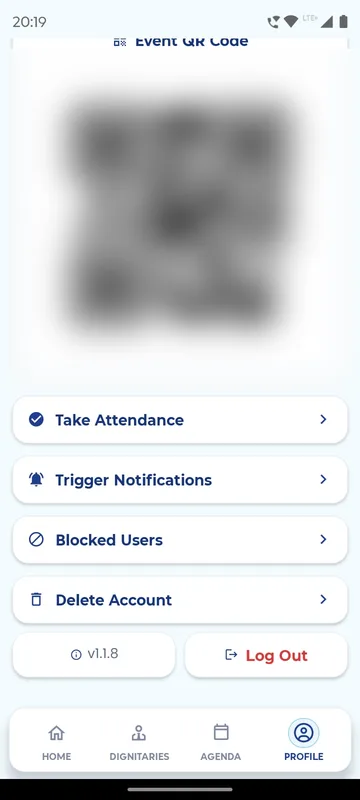 Profile with the event QR code blurred above organiser shortcuts for Take Attendance and Trigger Notifications