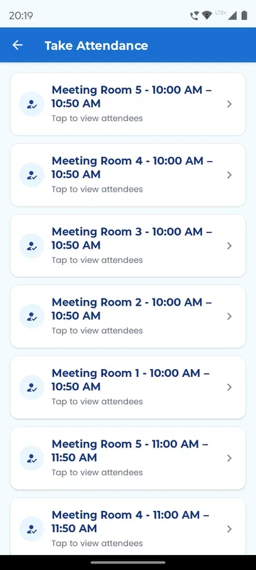 Take Attendance list of meeting room slots across five rooms, each with a tap to view attendees prompt