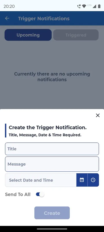 Create trigger notification sheet with title, message, date and time fields and a send to all switch
