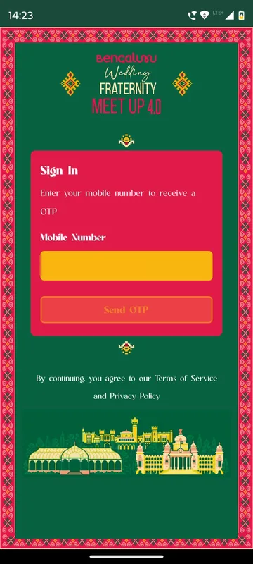 Festive green and magenta sign-in screen with the meet-up logo, an empty mobile number field and a Send OTP button