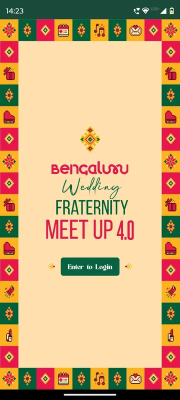 Wedding fraternity meet-up splash with an icon patterned border, event logo and an Enter to Login button