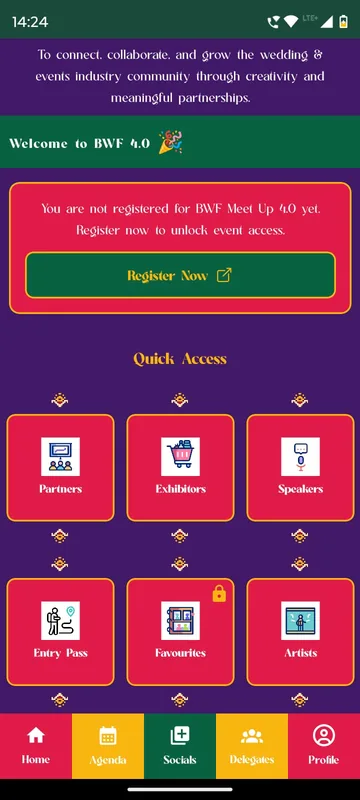 Purple home with a welcome strip, a not registered banner with a Register Now button and Quick Access tiles for Partners, Exhibitors, Speakers, Entry Pass, Favourites and Artists