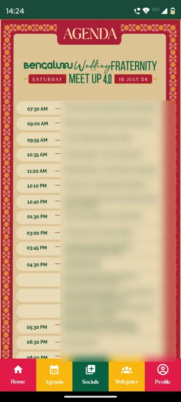 Agenda poster dated Saturday 18 July listing session times, with session titles blurred