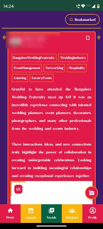 Socials feed post with the author blurred, a row of hashtag chips and a thank-you message about meeting planners, decorators and photographers