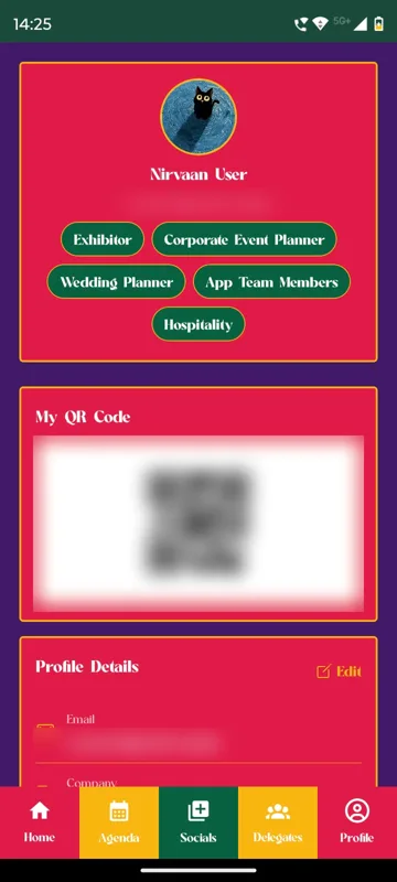 Profile with a test avatar, business category chips such as Exhibitor, Wedding Planner and Hospitality and a My QR Code panel with the code blurred
