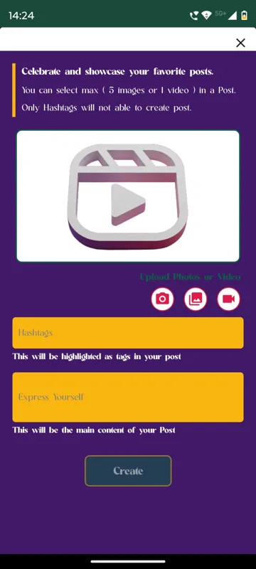 Create post sheet allowing up to five photos or one video, with a hashtags field and an Express Yourself caption field