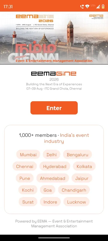 Event splash with a Chennai landmark banner, the event dates and venue, an Enter button and a chip list of member cities for the association