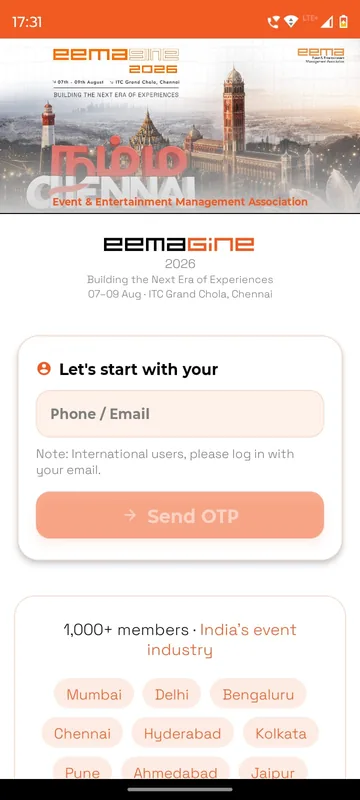 Sign in card with a phone or email field and a Send OTP button, with a note that international users should log in with email