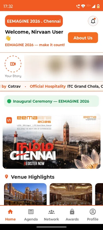 Home header with a welcome line, a stories row (blurred), a sponsor and hospitality ticker, an inaugural ceremony pill and the eemagine Chennai poster banner
