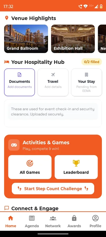 Home with venue highlight thumbnails, a Your Hospitality Hub card for documents, travel and stay and an Activities and Games card with a step count button