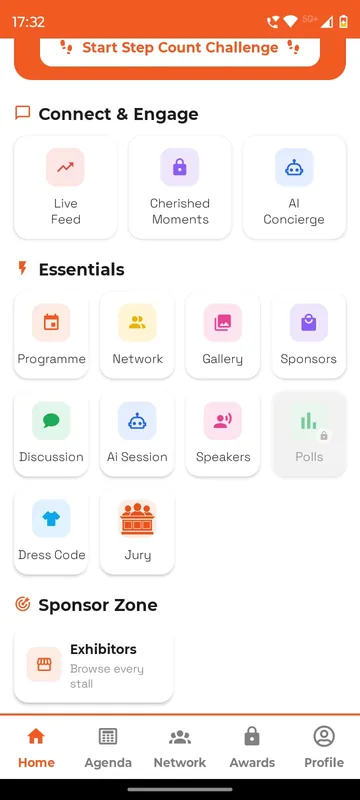Home tile grid with Live Feed, Cherished Moments and AI Concierge under Connect and Engage, then Programme, Network, Gallery, Sponsors, Discussion, AI Session, Speakers, a locked Polls tile, Dress Code and Jury under Essentials