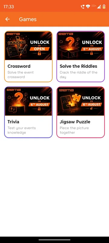 Games page with four branded cards for crossword, riddles, trivia and jigsaw, one open and three set to unlock on later dates