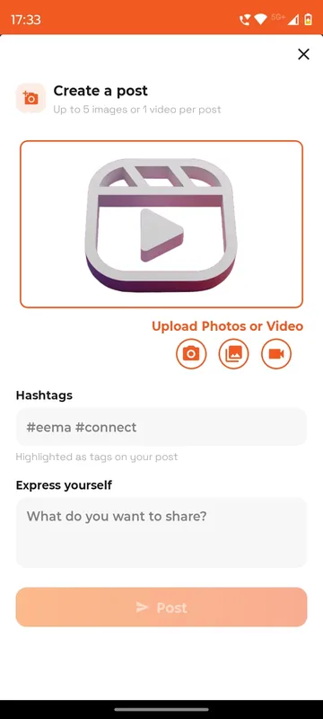 Create a post sheet with media upload buttons, a hashtags field and a what do you want to share caption box