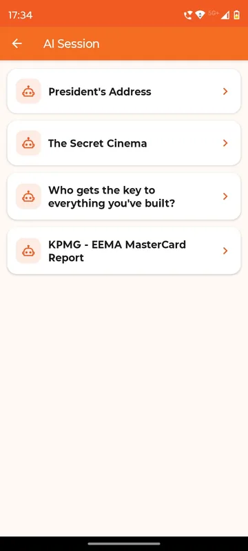 AI Session page listing four session titles, including a president's address and a report presentation, each with a robot icon that opens an AI generated summary