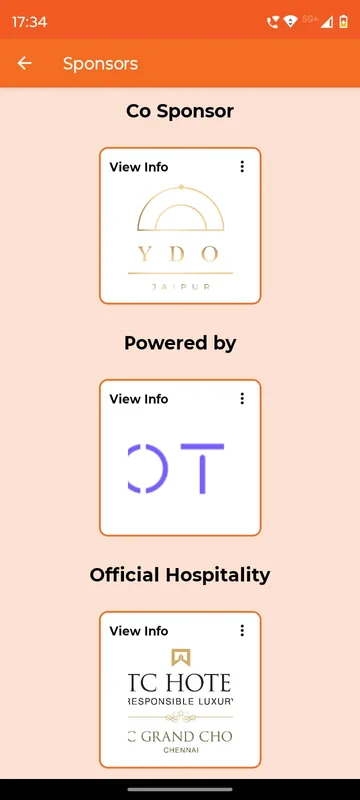 Sponsors page grouped into co-sponsor, powered by and official hospitality, each with a View Info logo card