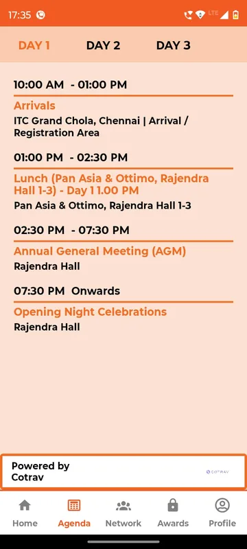 Agenda with Day 1 to Day 3 tabs listing arrivals, lunch, annual general meeting and opening night celebrations with venues