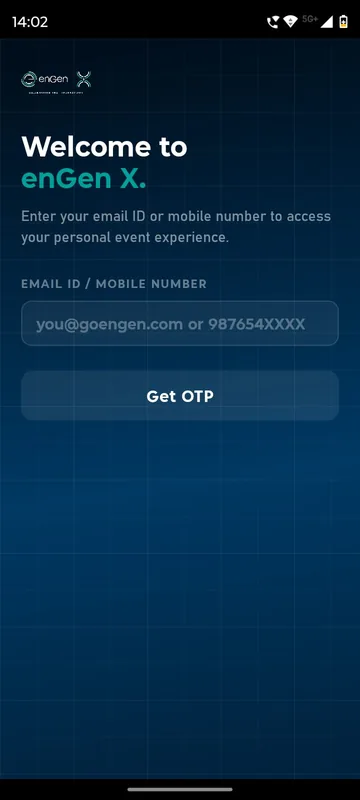 Dark enGen X welcome screen asking for an email ID or mobile number to access a personal event experience with a Get OTP button