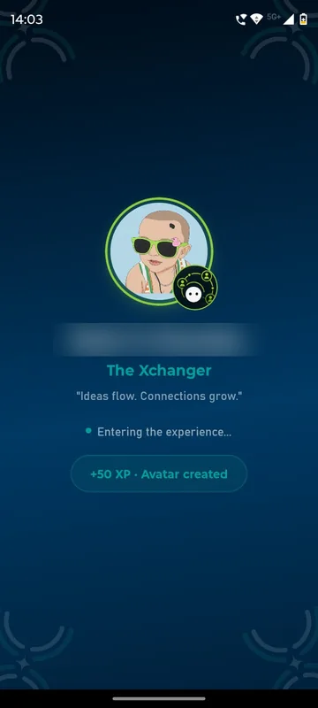 Avatar reveal with an AI-generated cartoon selfie in sunglasses, the persona title The Xchanger, its motto and a plus 50 XP avatar created chip; the first name is blurred