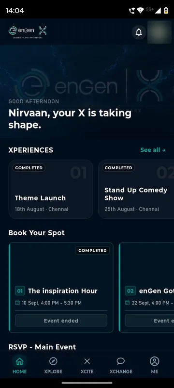 Home with a time-of-day greeting, completed Xperience cards for the theme launch and a stand-up comedy show, and Book Your Spot cards with dates and an event ended state