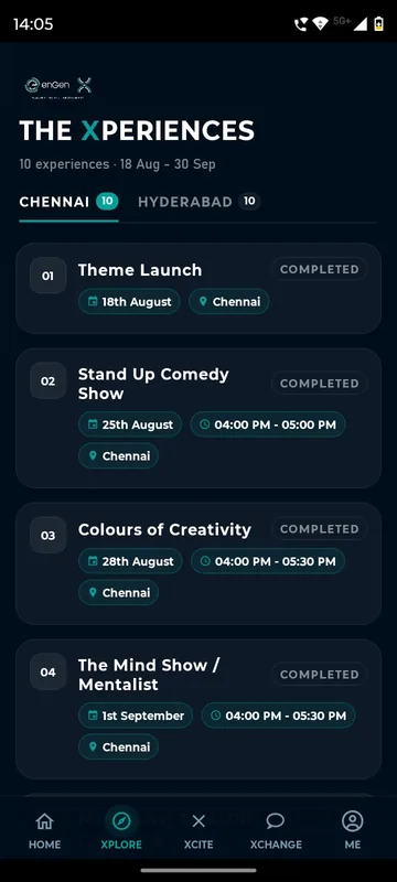 The Xperiences list with Chennai and Hyderabad tabs and numbered experience cards with completed status, date, time and city