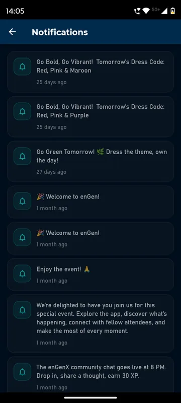 Notifications list with dress-code reminders, welcome messages and a community chat invitation