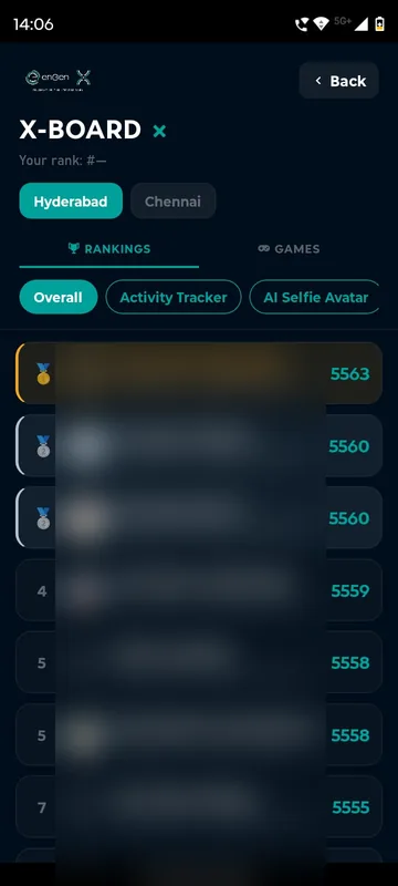 X-Board with Hyderabad and Chennai tabs, Rankings and Games tabs, Overall, Activity Tracker and AI Selfie Avatar filters and point totals; names and photos are blurred