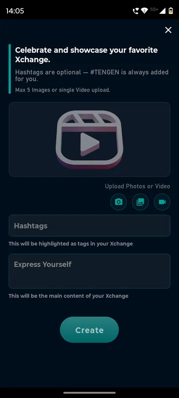 Create Xchange post sheet with media upload buttons, optional hashtags and a caption box