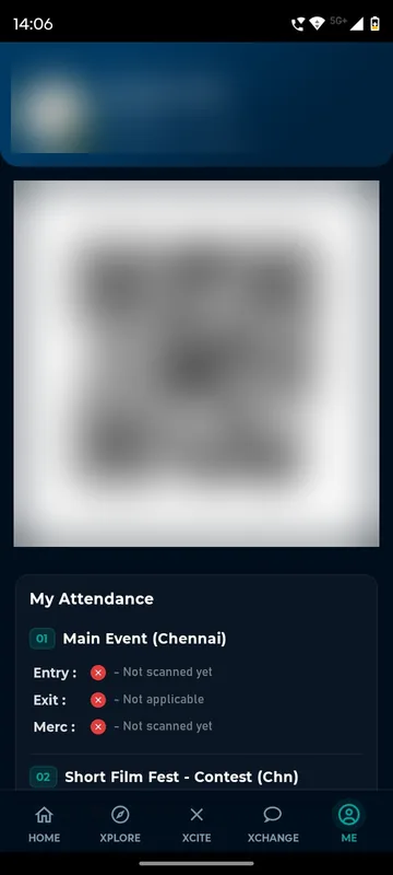 Me tab with a blurred personal QR above a My Attendance panel