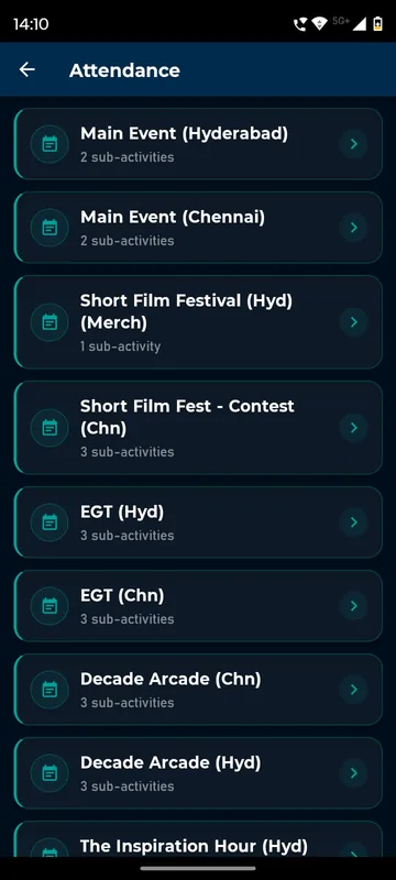 Attendance page listing main events, short film festival, game arcade and inspiration hour with sub-activity counts per city