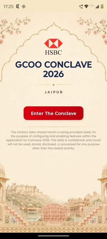 Heritage Jaipur styled conclave splash with a bank logo, event title and city, an Enter The Conclave button and a data confidentiality note over an illustrated palace skyline