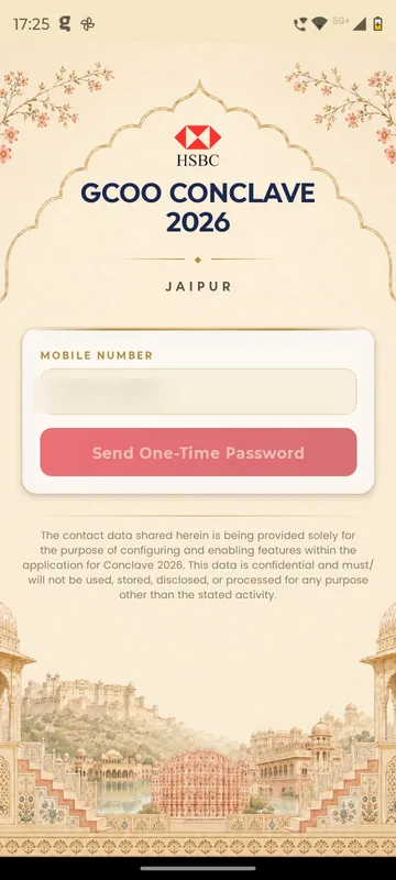 Mobile number entry with a Send One-Time Password button and a data confidentiality note under the conclave title on an illustrated Jaipur backdrop
