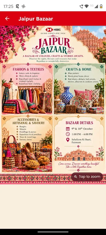Jaipur Bazaar page with an illustrated poster of fashion, crafts and accessories sections and bazaar timing details