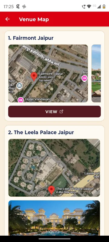 Venue map page with satellite map cards for Fairmont Jaipur and The Leela Palace Jaipur, a View button and a hotel photo