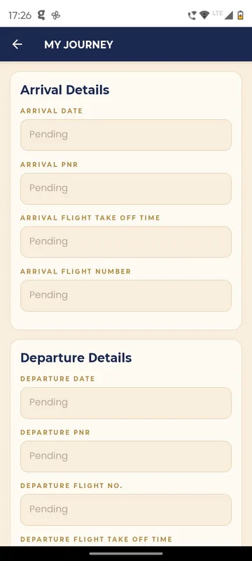 My Journey form with arrival and departure date, PNR, flight number and take off time fields, all in a pending state