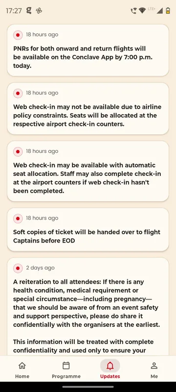 Updates feed with organiser announcements about PNR availability, web check-in, ticket hand-over and a confidential health information reminder