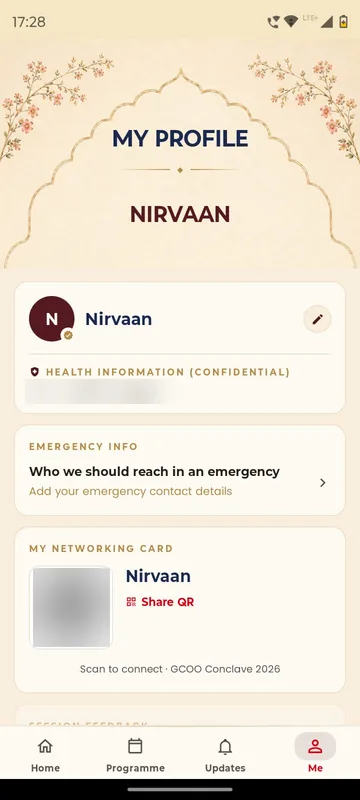 My Profile page with a confidential health information block (blurred), an emergency info prompt and a networking card with a blurred QR code and Share QR