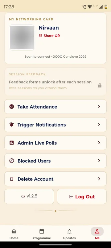 Me tab with a networking card with the QR blurred, locked session feedback and organiser cards for Take Attendance, Trigger Notifications and Admin Live Polls