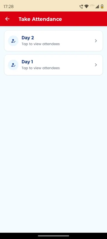 Take Attendance page listing Day 2 and Day 1, each opening the list of attendees marked present