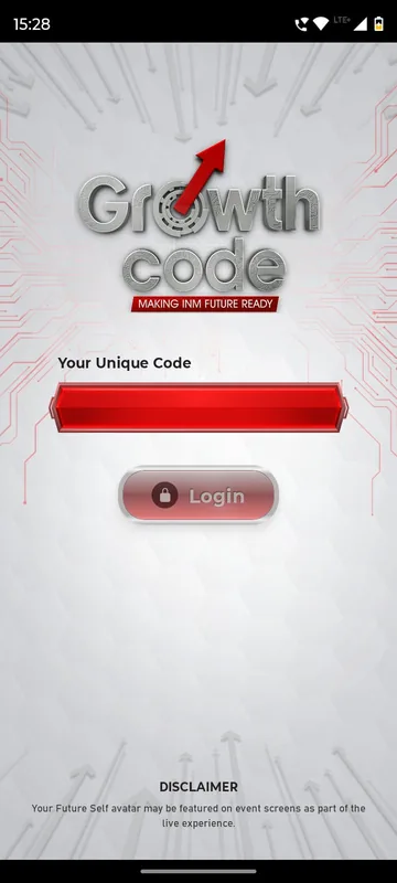Metallic silver and red login screen with a Growth Code logo, a Your Unique Code field, a Login button and a disclaimer about the future self avatar