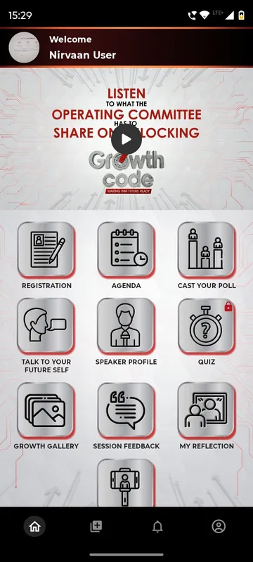 Home with a Welcome header, a video banner reading listen to what the operating committee has to share and metallic icon tiles for registration, agenda, cast your poll, talk to your future self, speaker profile, quiz, growth gallery, session feedback and my reflection